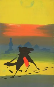 Hurries: Eastern scene - Camel rider runs past a mosque