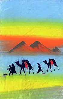 Simplistic: Eastern scene - Camels led past the Pyramids