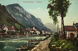 Laundresses: Ebensee. View of the river Traun with washerwomen