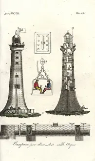 Ferrario: Eddystone Lighthouse, diving bell, and an underwater tunnel