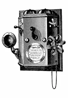 Edison: Edison telephone in a wall-mounted box. Wood engraving