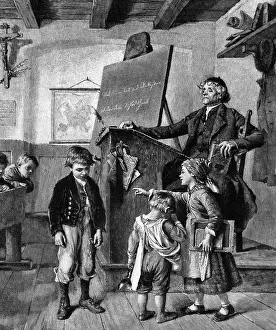 Slates: education, school, class, scene at a village