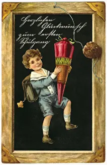 Satchel: education, school, slate with schoolboy, Congratulations