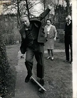 Tumble: Edward Heath trying out a skateboard