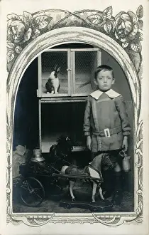 Rabbits: Edwardian Boy with Toy Horse and Cart