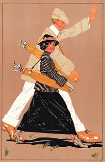 Turnups: Edwardian golfing couple striding along