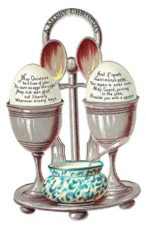 Eggcup: Eggcup stand with two eggs on a cutout Christmas card