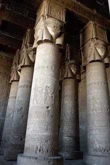 Percussion: Egypt. Dendera. Hathor Temple. Hypostyle hall with Hathoric