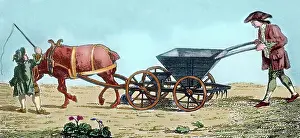 Drill: Eighteenth century. Farmer with a seed drill