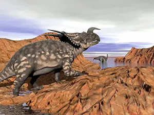 Einiosaurus: Einiosaurus dinosaur on a rock observing an Argentinosaurus