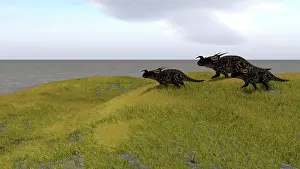 Einiosaurus: Three Einiosaurus dinosaurs walking across a grassy field