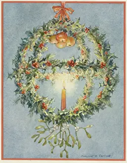 An elaborate wreath, with holly, mistletoe and a candle