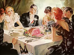 Servi: Elegant Couples sit at Dinner Table for Sliced Ham