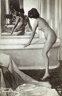 Bathes: Elegant lady getting into a rather large bath