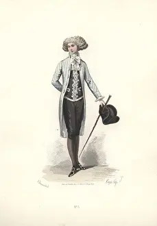 Elegant man in full wig, grey striped coat