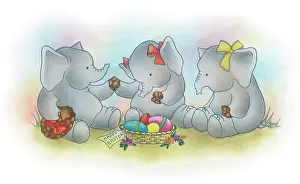 Pedley: Three Elephants with a basket of Easter Eggs