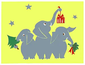 Four Colour: Elephants with present, tree & holly