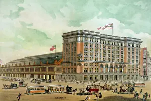 Trolley: Elevated street view of the eight-story Reading