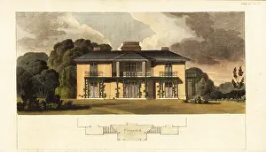 Westall: Elevation of a hunting lodge and plan of a verandah