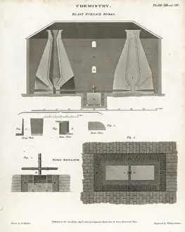 Regulator: Elevation and section of a blast furnace works