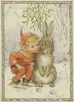 An elf and a bunny underneath the mistletoe