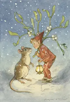 An elf and a mouse underneath the mistletoe