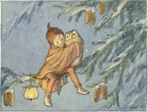 Cuddling: Elf and owl on fir tree