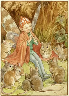 Entertain: Elf playing pipe with mice all around
