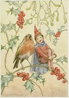 Sprigs: Elf and Robin Singing on a holly branch with mistletoe