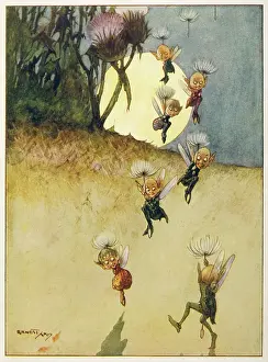Parachuting: Elves parachuting with thistledown