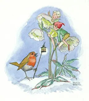 Elfs: Elves sitting on a flower with a robin