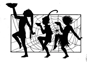Silhouettes: Three elves in front of spider web