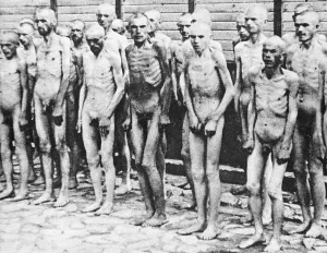 Inhuman: Emaciated prisoners in a concentration camp, WW2