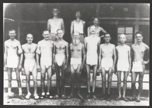 Relating: Emaciated prisoners of war after liberation, 1945