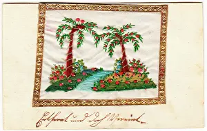 Sampler: Embroidered fruit trees with gold edging