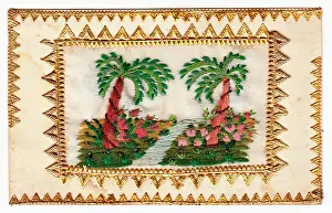Sampler: Embroidered palm trees with gold edging