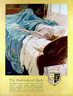 Bedding: Embroidered quilt advert from Coats and Clark
