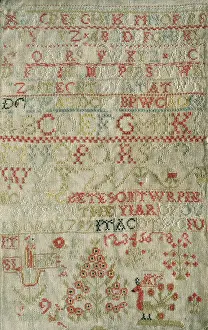 Sampler: Embroidered Sampler – alphabet, trees, birds