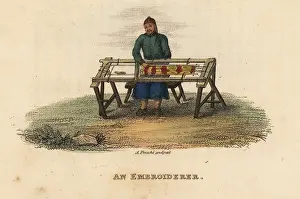 Embroiderer: Embroiderer working on two pieces of silk