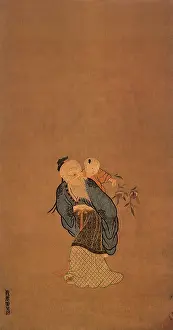 Qing: Embroidery with a Figure of an Old Man with a Child