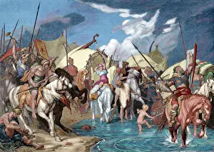Carolingian: Emigration of the Germans. Engraving. Colored