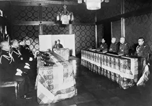 Stronger: Emperor Hirohito with members of the government and the Sta
