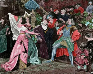 Habsburg: Emperor Maximilian I (1459-1519) asking mary's hand. Engravi