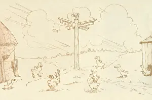 Gosling: Endpaper illustration, goslings and signpost
