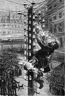 Electrification: energy, electricity, power pole, worker getting