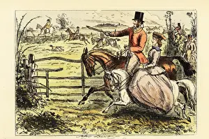 Sidesaddle: English lady riding sidesaddle in a fox hunt, 19th century