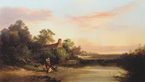 Pastoral: English landscape with cottage and stream. By