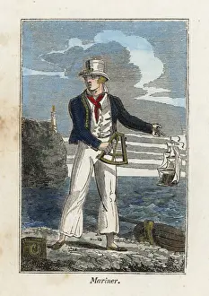 Sextant: English mariner with sextant on a beach in