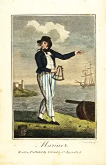 Sextant: English mariner with sextant on a beach in