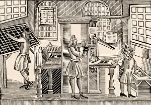 Printer: English printing workshop circa 1719. On the left